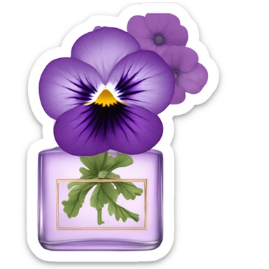 composition of aesthetically pleasing purple pansies, pastel pink daisies and a rosy vintage-style perfume bottle sticker