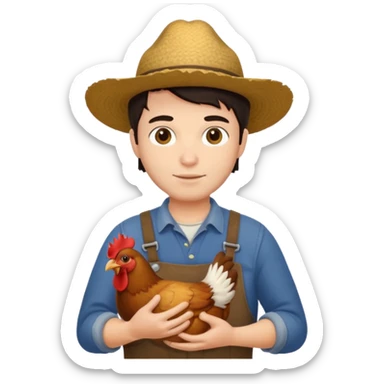 UN HOMBRE VESTIDO DE GRANJERO PIEL CLARA Y PELO OSCURO CON UNA GALLINA  sticker