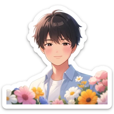 Gorgeous bright sparkly romantic Asian anime style guy with blushing face and flowers aesthetic trending style outside sticker