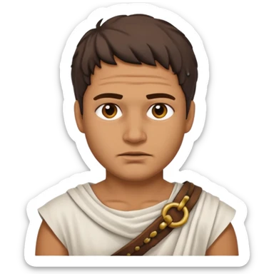 Emoji portrait of a Roman slave. Plain tunic, scar on the face, downtrodden expression. sticker