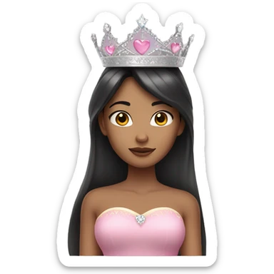 Princess with halo with tan skin tone with long black hair with bang with silver pink heart tiara and pink dress sticker