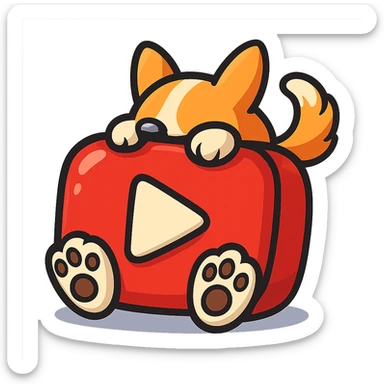 YouTube logo icon with a cute corgi's paws and tail peeking from behind the logo, or the corgi itself playfully interacting with the logo, colorful, simple, no gradients, bold clear outlines, expressive shadows and highlights to create volume, plump vector-like style with strong sense of 3D form sticker