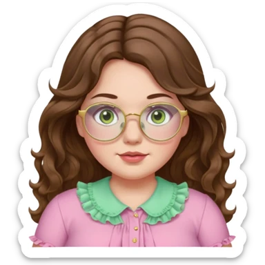 Girl girl long wavy brown hair with middle part, pale green eyes, plus size, pink frilly shirt, gold rimmed glasses sticker