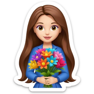  pretty bratz doll, long brown hair holding big bouquet of flowers posing sticker