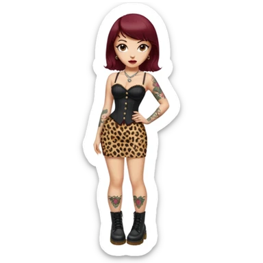full body emoji, pin-up girl, light skin, big eyes, maroon lips, brown hair with rockabilly bangs and blonde streak, leopard corset, black pencil skirt, Dr. Martens boots, old school tattoos, compact and rounded sticker