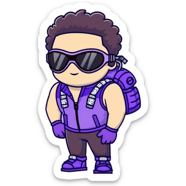 close-up of bad guy male athlete with white skin and moderately curly dark brown hair on top with shaved sides, wearing ski goggles with purple frames and very dark black lenses, a simple plain black chain necklace, and a completely unzipped sleeveless vest with purple and black sequin fire pattern design with no logo, with an extremely arrogant sneer on his face, looking menacing and villainous, exuding overconfidence and a threatening aura sticker