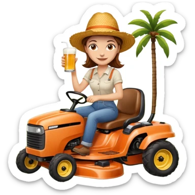 White woman with brown hair, without glasses wearing a straw hat, on old orange ride on lawn mower, holding a beer with one hand and holding the steering wheel with the other hand sticker