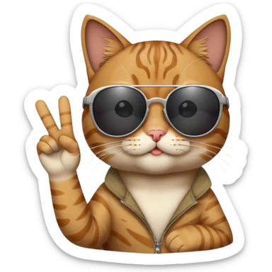 a cat wearing sunglasses a saying peace out on his head there would be written peace out and he will do the pose for peace out sticker