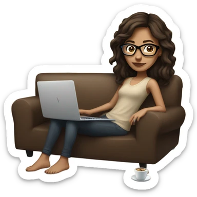 brunette girl laying on a brown couch with cream colored pillows with glasses on and a laptop on small table in front with coffee cup on mouse pad sticker