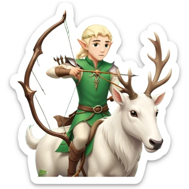 clash-of-clans-aesthetic-blond-male elf-archer-portrait-emoji, rendered in a flat, vector-style with minimal shading and bold holding his bow, simplified shapes, head tilted slightly forward with a determined, focused expression, riding a majestic white stag whose antlers glow with mystical energy, set against an ancient, enchanted forest backdrop. sticker