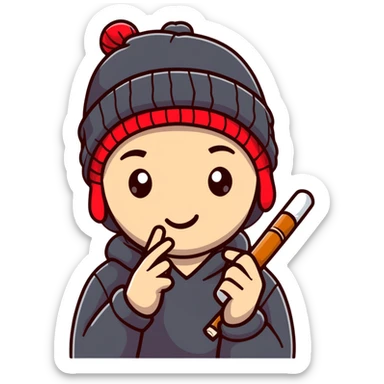 student with beanie, red eyes, holding a joint sticker