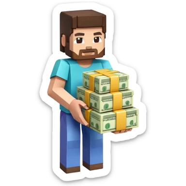 emoji style icon, minecraft blocky character holding a stack of money, pixel art style, bright colors, simple background, 3D glossy emoji, centered composition, soft shadow, high detail, clean outline, white background sticker