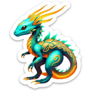 Exotic futuristic lush warm-colored neon Fakémon-Fionbri-creature sticker