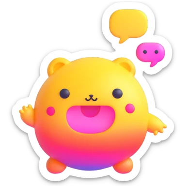 Retro game mascot — like a Tamagotchi-style AI creature, round and colorful with a speech bubble. sticker