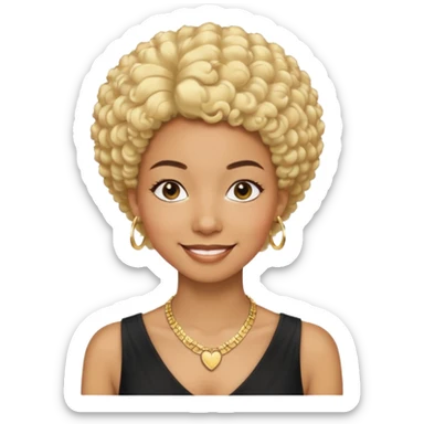 smiling Black woman, short afro hair, blonde hair clip, thin necklace, age 30, event manager style sticker