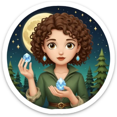 forest rogue woman short tight curly brown hair holding moon crystal sticker