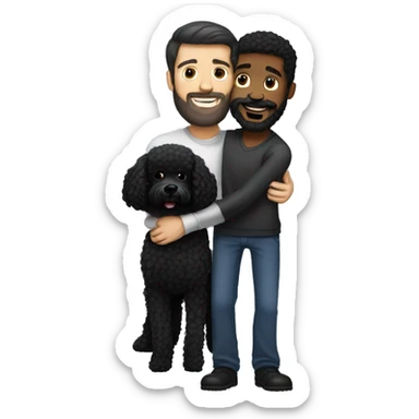 Black-haired and white guy with beard hugs black poodle dog  sticker