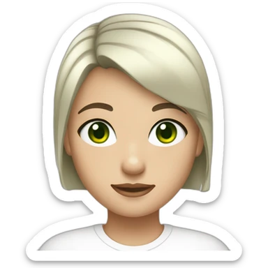 a girl with green eyes, fair skin, black and white hair and a very short haircut, wearing a white T-shirt. sticker