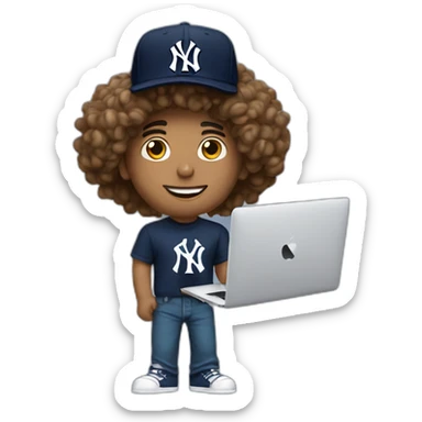 20yo curly hair mexican man with a MacBook and a yankees cap sticker