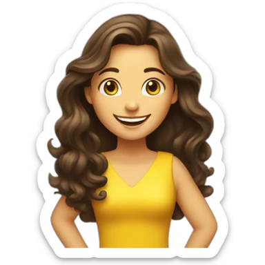 Brunette very happy girl with long wavy hair in the foreground shake her hand for say hi! to someone. She is wearing a yellow dress sticker
