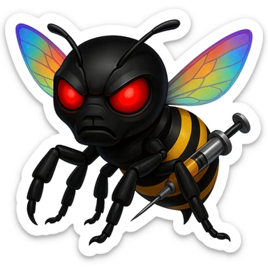 Create a menacing robotic bee with a black head and a syringe stinger, featuring rainbow prismatic energy wings. The style should resemble apple style emojis with concise details and vibrant colors. sticker