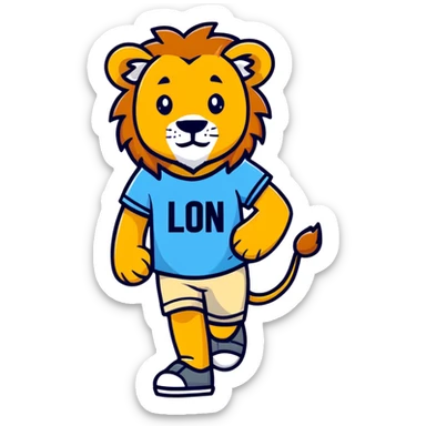 retro 1950s anthropomorphised lion in a t-shirt and shorts walking sticker
