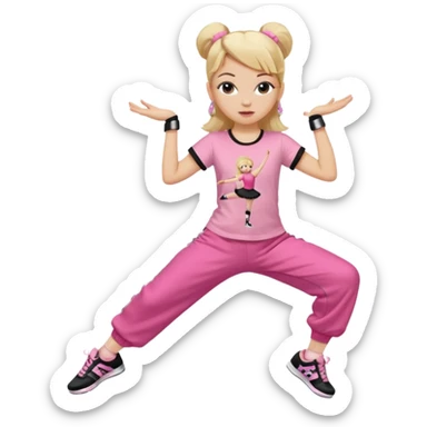 Hiphop dancer, with cute big pants, sneakers, and t-shirt. White girl blond. Coloufull shirt. No pocket pants. Dancing. Pink and black plain outfit. No sweatbands on the wrist, black music box behind her. Ballerina pose sticker