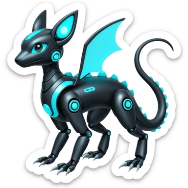 Shiny White Metallic Futuristic Robotic Mechanical Glowing Salandit-Umbreon-Fakémon-hybrid-creature (full body) with cyan accents sticker