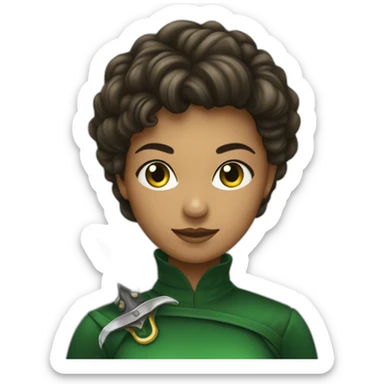 Mulher cabelo escuro liso longo olhos verdes com uma espada sticker