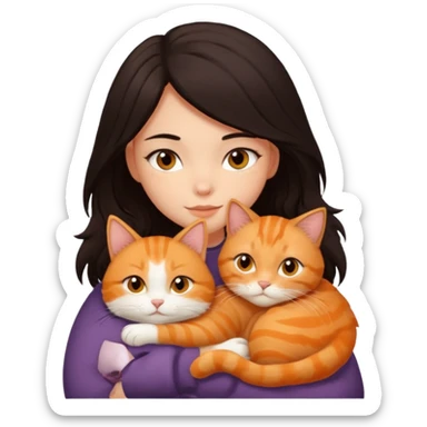 dark-black-brown-hair-to-shoulder girl with brown eyes snuggled with orange tabby cat sticker