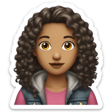 a girl with long dark brown curly hair with street wear sticker
