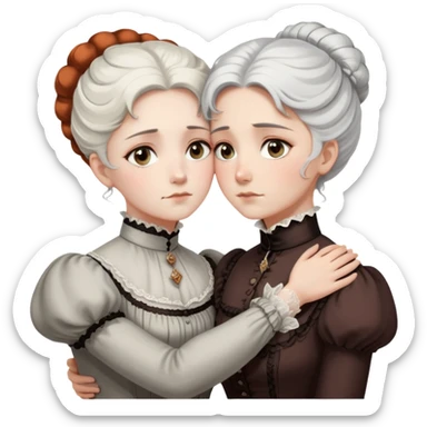 Two Victorian women with grey eyes in a sad, intimate hug. One has bright white coiffed hair, the other has dark copper coiffed hair. Both wearing Victorian high-neck dresses and embracing tightly. sticker