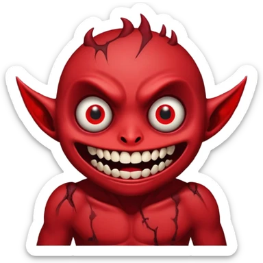 Super idol with a cursed devious demonic killer smile and he has no teeth and there is 5 small BØB eyes in his mouth and his eyes are very very VERY big and the background is a destroyed abandoned city that’s red as hell and super idol is so red it’s a little hard to see him sticker