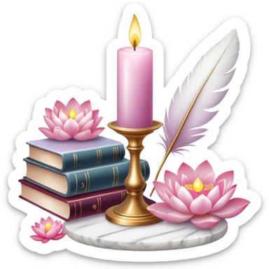 Aesthetic candles, flower petals, books, marble stand, crystal stones, lotus, feathers, sticker
