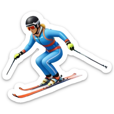 An icon featuring a skier racing down a snow-covered slope, surrounded by snowy peaks, pine trees, and a picturesque mountain landscape. The sky is blue with soft clouds, capturing the thrill and beauty of alpine skiing. Transparent background highlights the excitement and serenity of winter sports. sticker