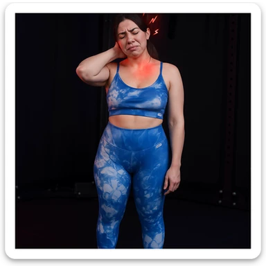 Realistic style edit of the girl identical to the photo with one hand on the nape and a suffering face, pain symbols like red lights and lightning on neck and head. sticker