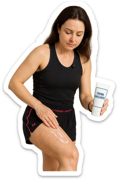 Donna con cellulite sulle cosce che usa una crema chiamata "Crema snellente" senza mano in alto sticker