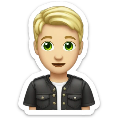 young 20 yearl old boy, blond hair whit buzz cut wearning earring, green eyes and moustache sticker