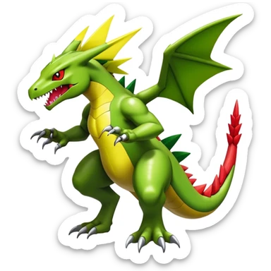 Cool edgy shiny futuristic Guilmon-Flygon-Tyranitar-Digimon-hybrid-fusion, yellow belly, full body sticker