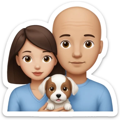 Bald guy with brunette girl and white puppy sticker
