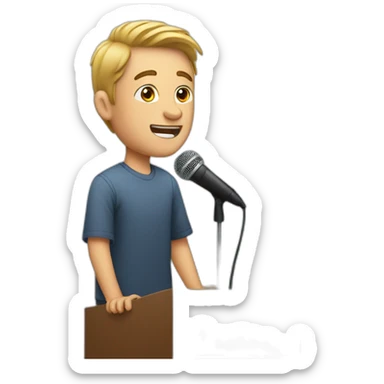 A white young man speaking on a stage with microphone sticker