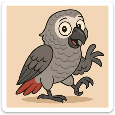 african grey parrot, cartoon style, big eyes, playful pose sticker