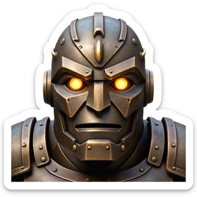 Cinematic Noble Mighty Iron Golem Portrait Emoji Poised and imposing, with a towering, metallic form forged from intricately detailed plates of burnished steel and ancient bronze, etched with faint traces of runes and weathered marks of time. Its piercing, glowing eyes radiate unwavering resolve, casting a solemn and commanding presence; rendered with lifelike texture and natural metallic highlights, high shine, elegant yet indomitable, styled with an aura of legendary endurance, focused and resolute, soft glowing outline, capturing the essence of an eternal guardian, standing vigilant and immovable as if ready to awaken at any moment with unstoppable might! sticker