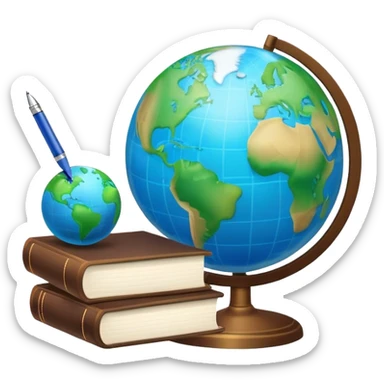 Create an emoji representing language translation. The design should feature just one globe in the background, symbolizing international communication. In front of the globe, place two books or sheets of paper with texs on them and a pen nearby to indicate the act of writing. Use a clean and professional color palette with blues, greens, and neutral tones. Make the background transparent. sticker