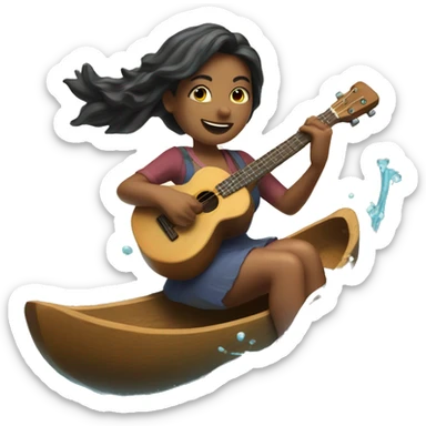 Gina riding a broom over water playing a ukulele  sticker