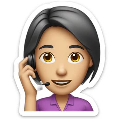 A telephone customer service staff, female, black hair, with Ear microphone sticker