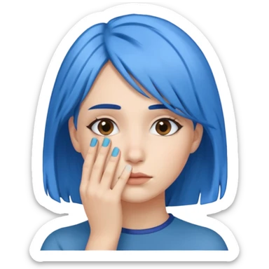 Woman with hand over face with blue hair sticker