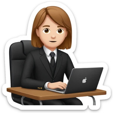 Mach mir einen Trader der in einem Schreibtischstuhl sitzt mit einem Laptop. vor sich am tisch. Aber er soll alleine sein. Mach ihn mit anzug und braunen haaren und määnlich sticker