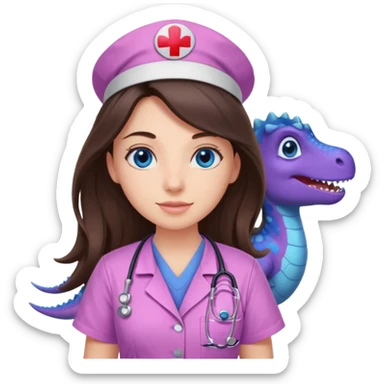 pretty brunette nurse with long hair and blue eyes in pink and purple dinosaur pattern scrubs sticker