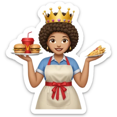Mujer curvy afro, con vestimenta cómoda y delantal,con una corona sobre su cabeza y sonrisa contagiosa. Entre brazos comida rapida sticker